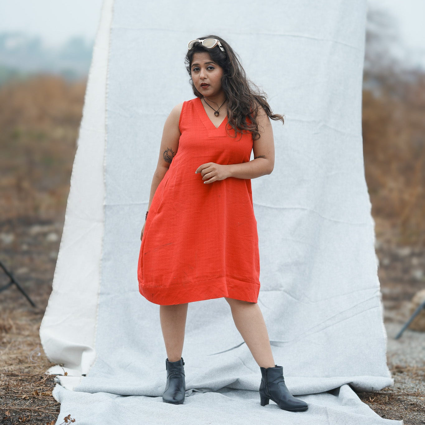 A line Red Cotton dress