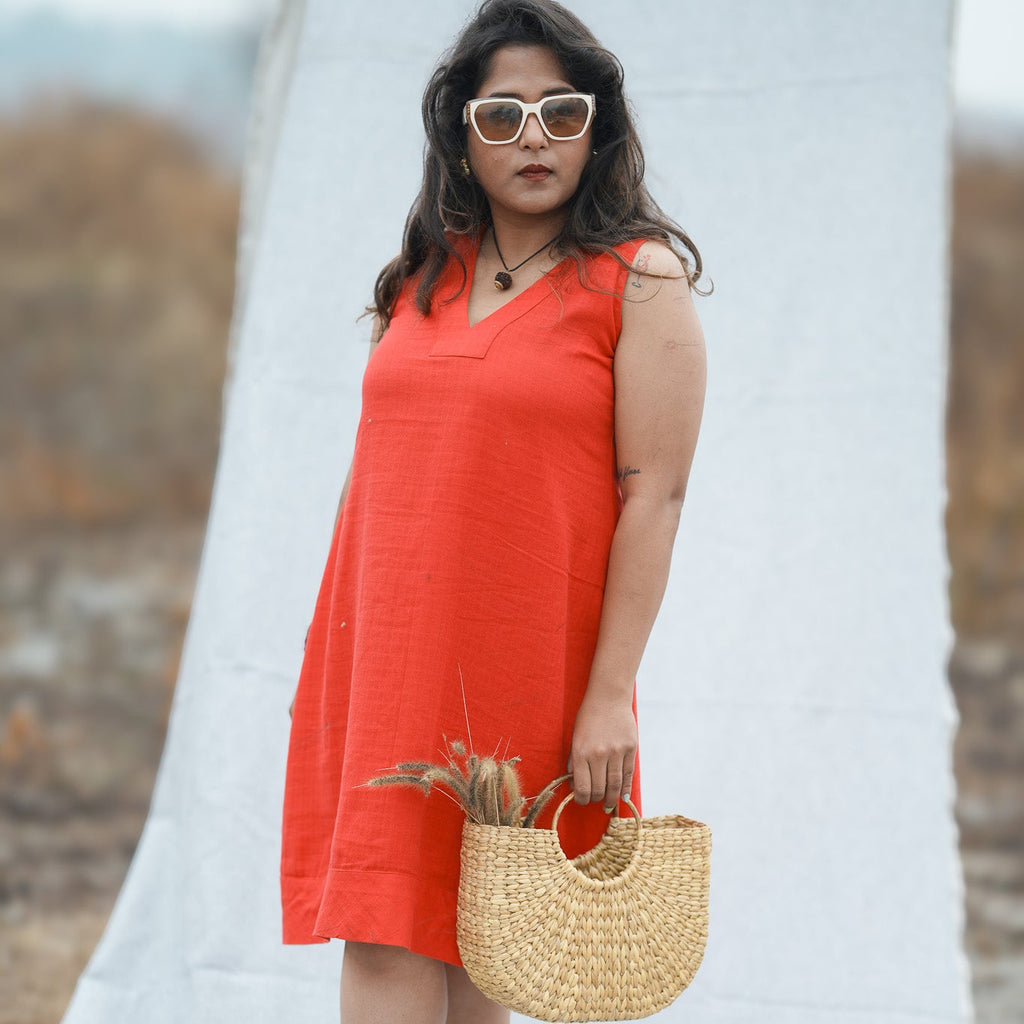 A line Red Cotton dress