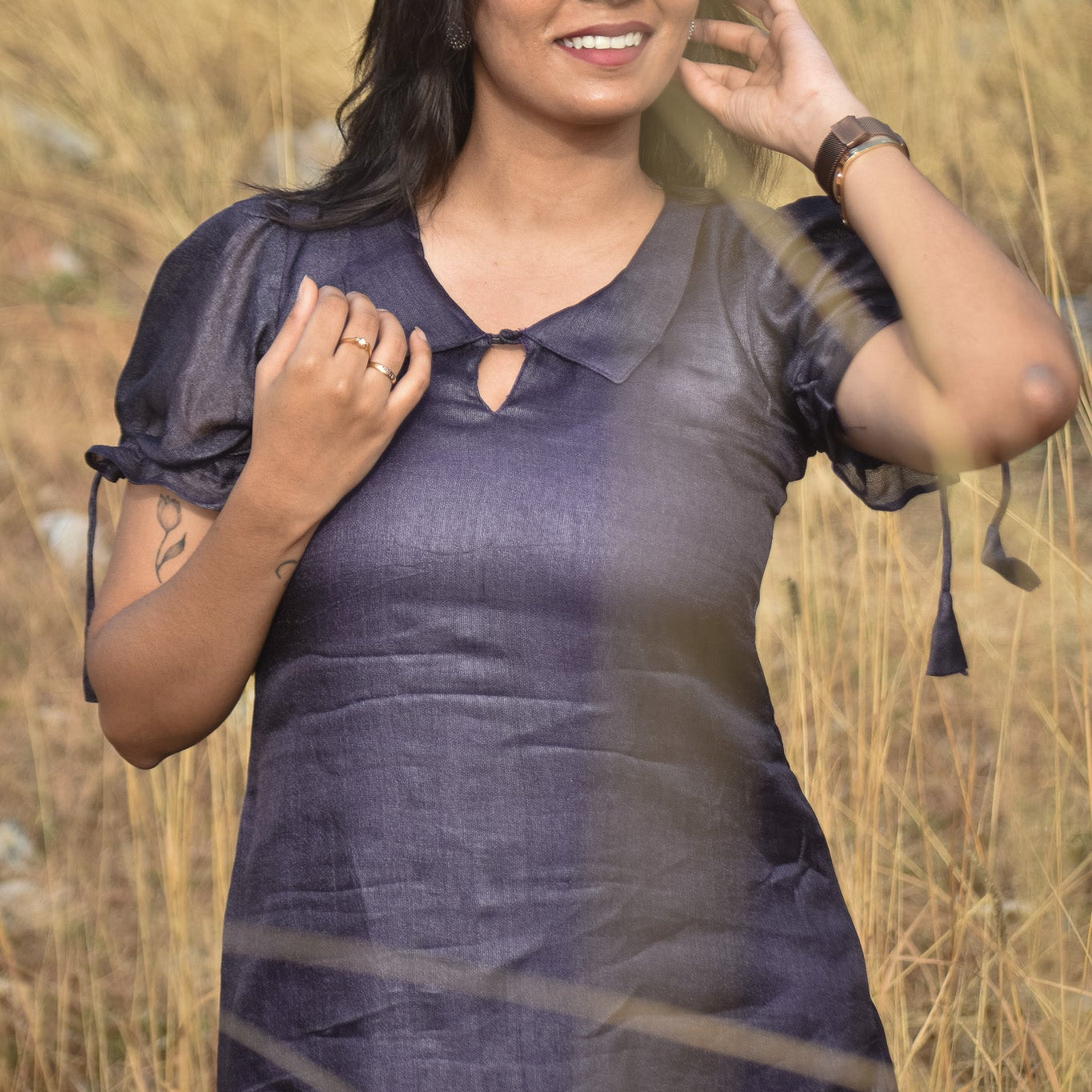 Maxi dress featuring put sleeve tying and Peter Pan collar